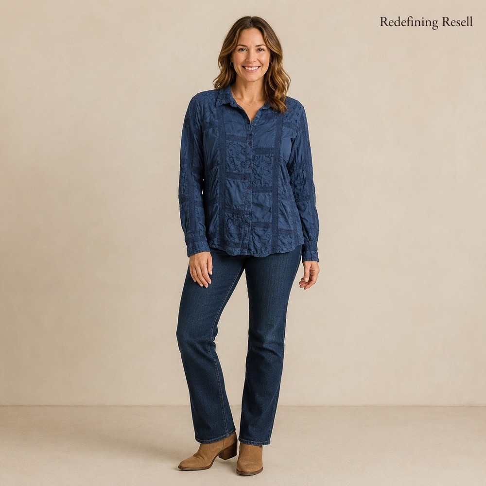 Sundance Womens Navy Blue Patchwork Embroidered Lace Cotton Button Down Shirt M